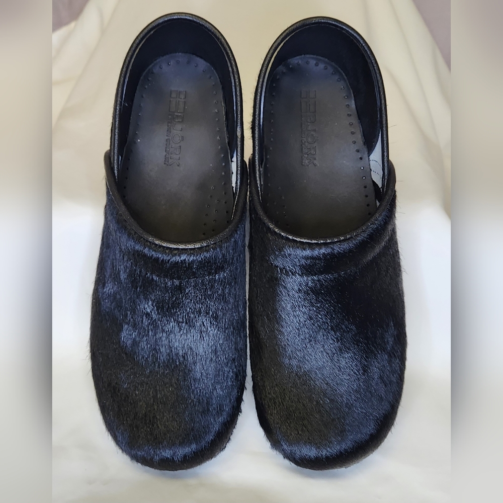 Bjork Professional Black Fur Leather Clogs Size EU 40, US 9-9.5
